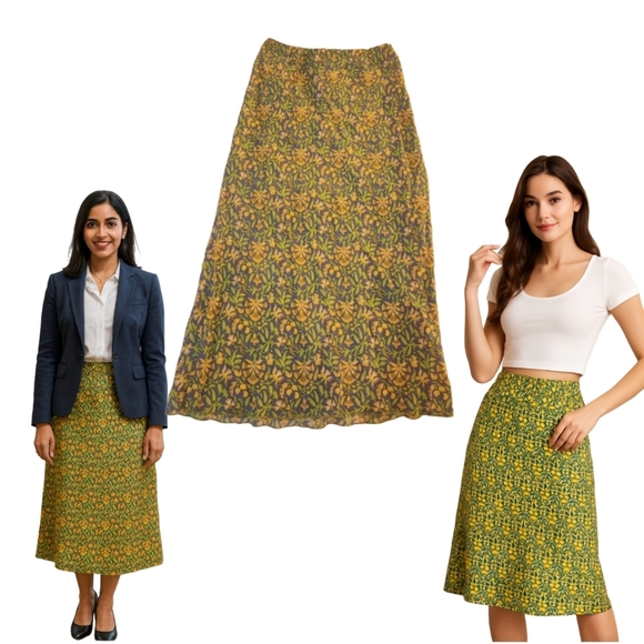 Silk Tova Celine Midi Vintage Skirt Floral Yello Size Medium  90s - Picture 2 of 11